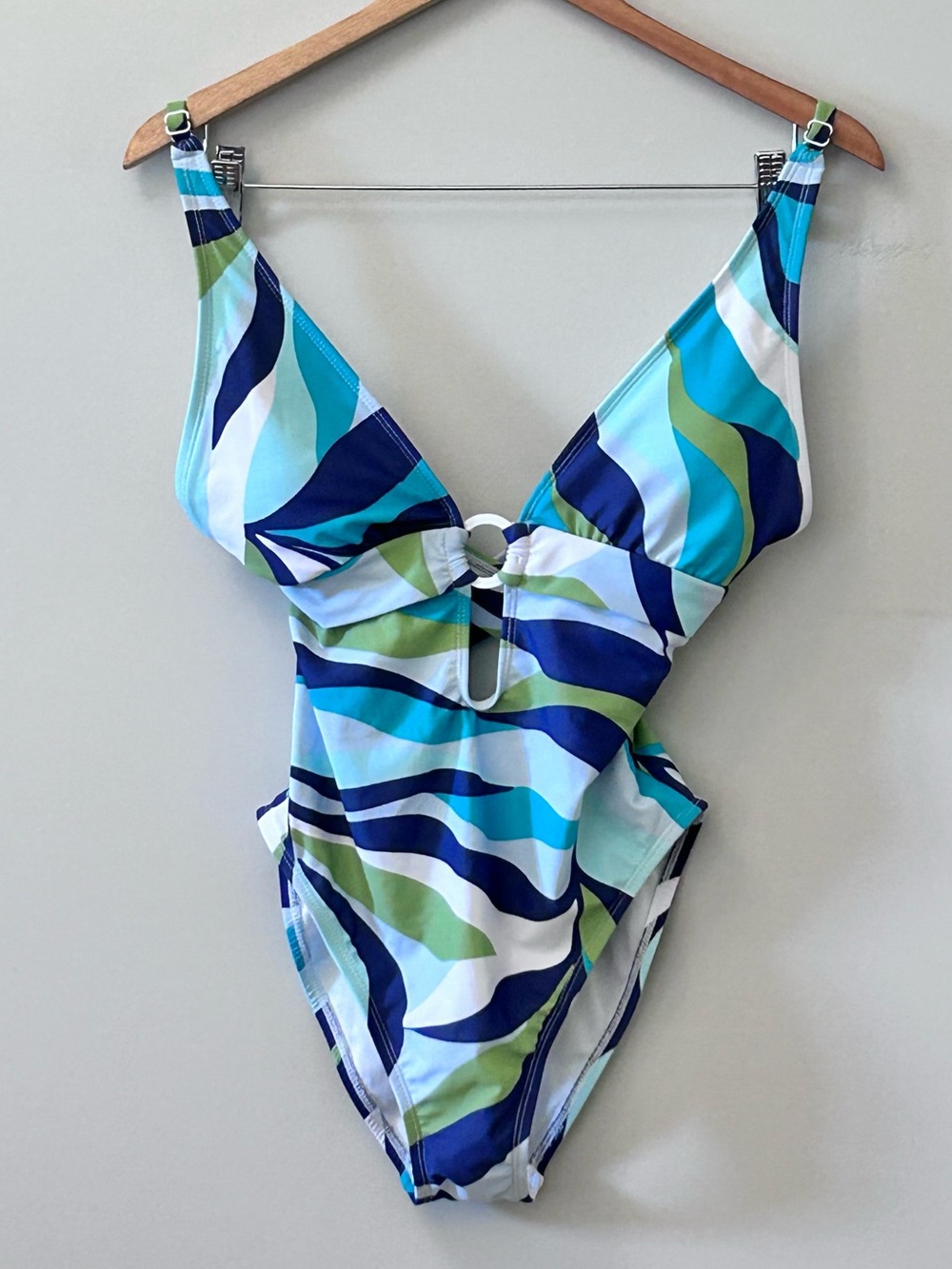 Sanctuary Blue Aqua Green Wave-Print One-Piece Deep V Swimsuit Women’s S NWOT